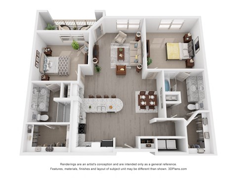 Floor plan for 2 beds, 2 baths, 1221 sqft
